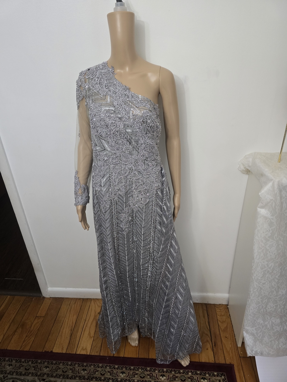 Mac Duggal Silver One-Shoulder Sequin Evening Gown